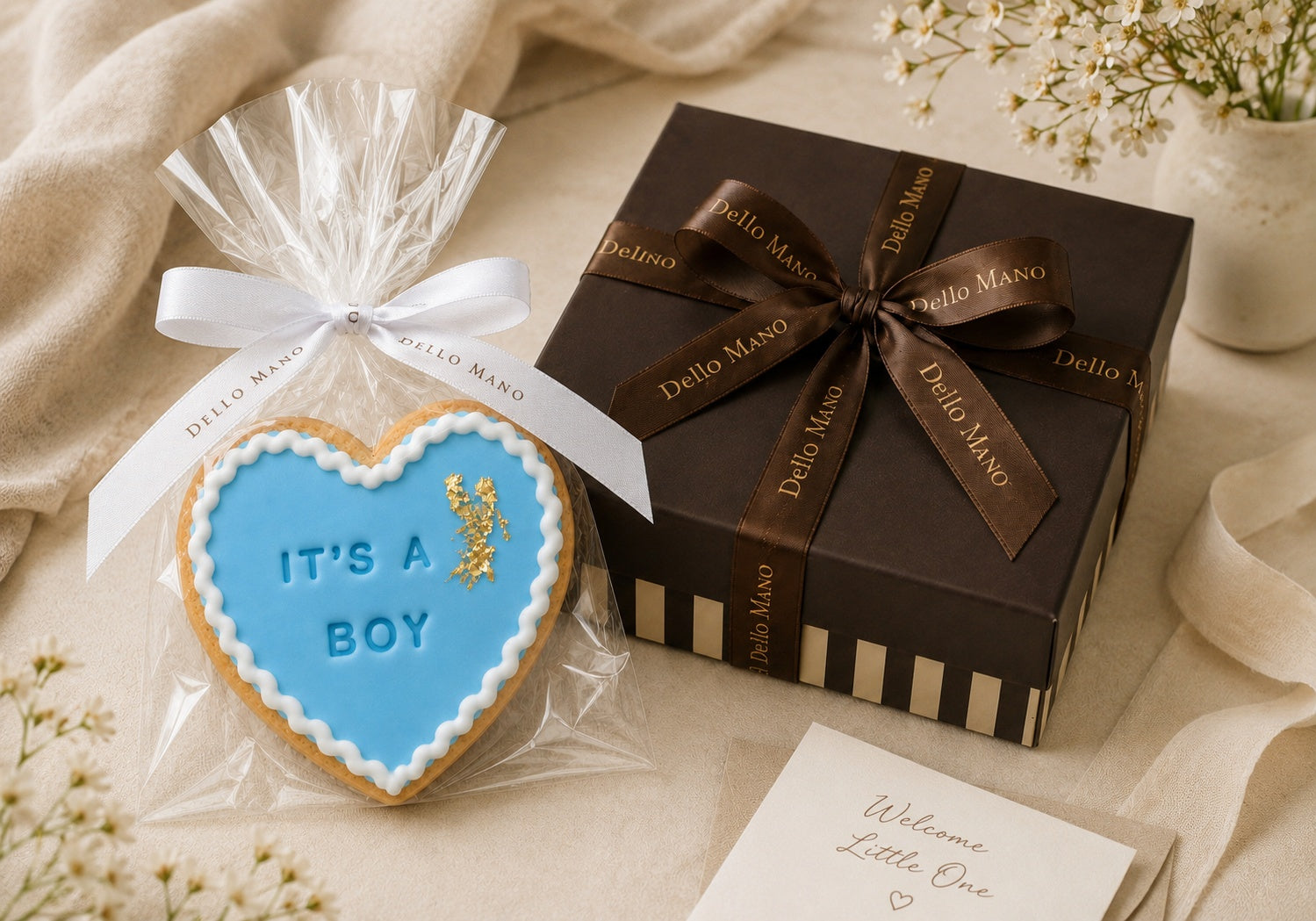 Wrapped handmade It’s A Boy cookie beside a Dello Mano gift box, styled as a baby boy gift with soft linen, white flowers and a welcome card.