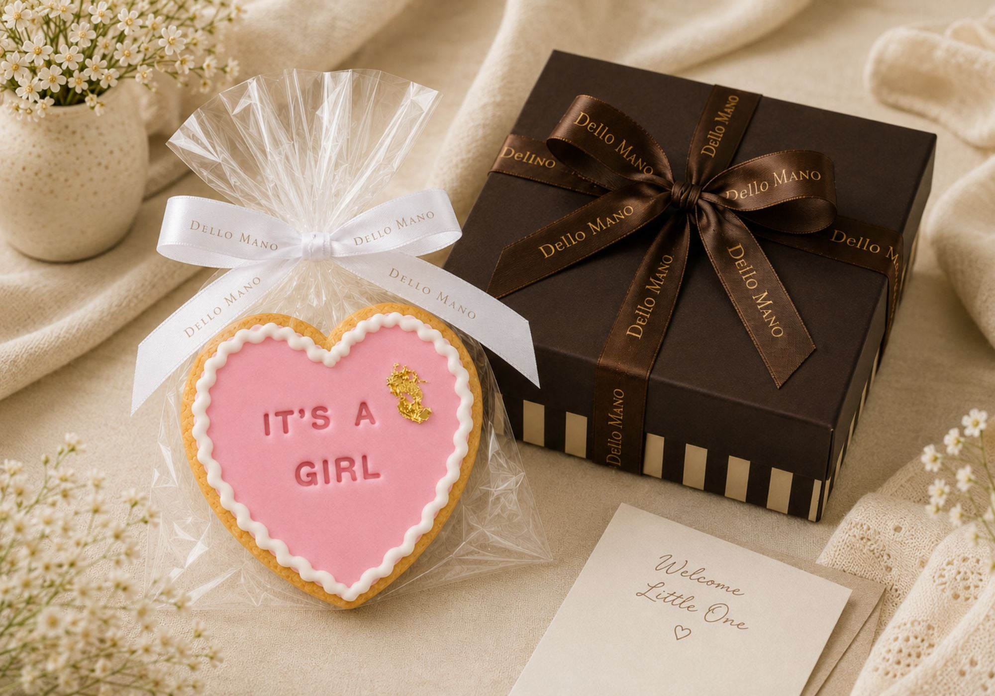 Handmade It’s A Girl cookie gift add-on with Dello Mano brownie gift box, ideal for baby girl gifts, baby showers and new baby celebrations.