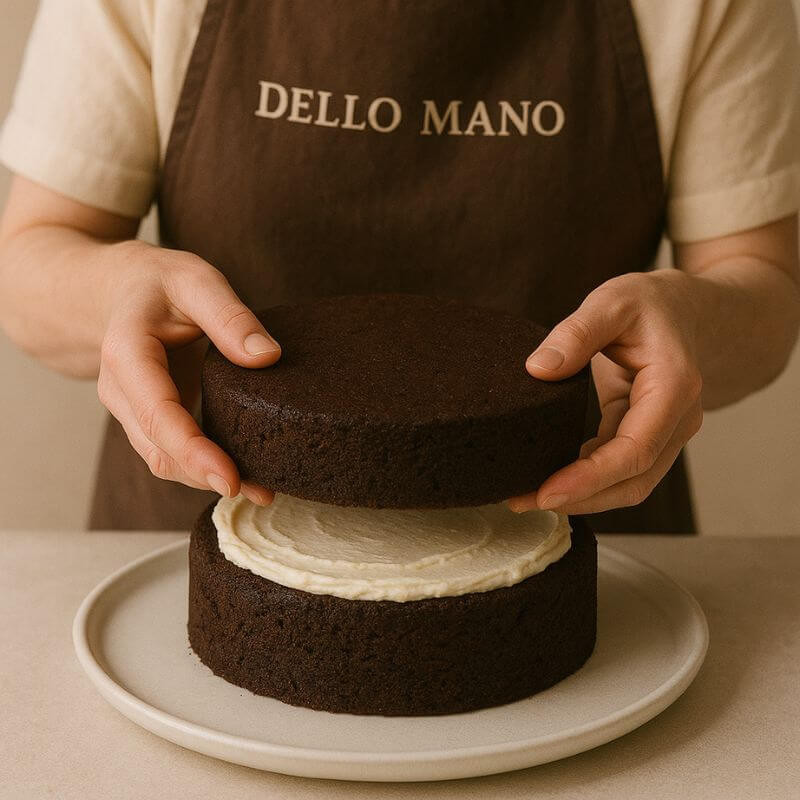 Person wearing a 'DELLO MANO' apron assembling a chocolate cake on a white plate.