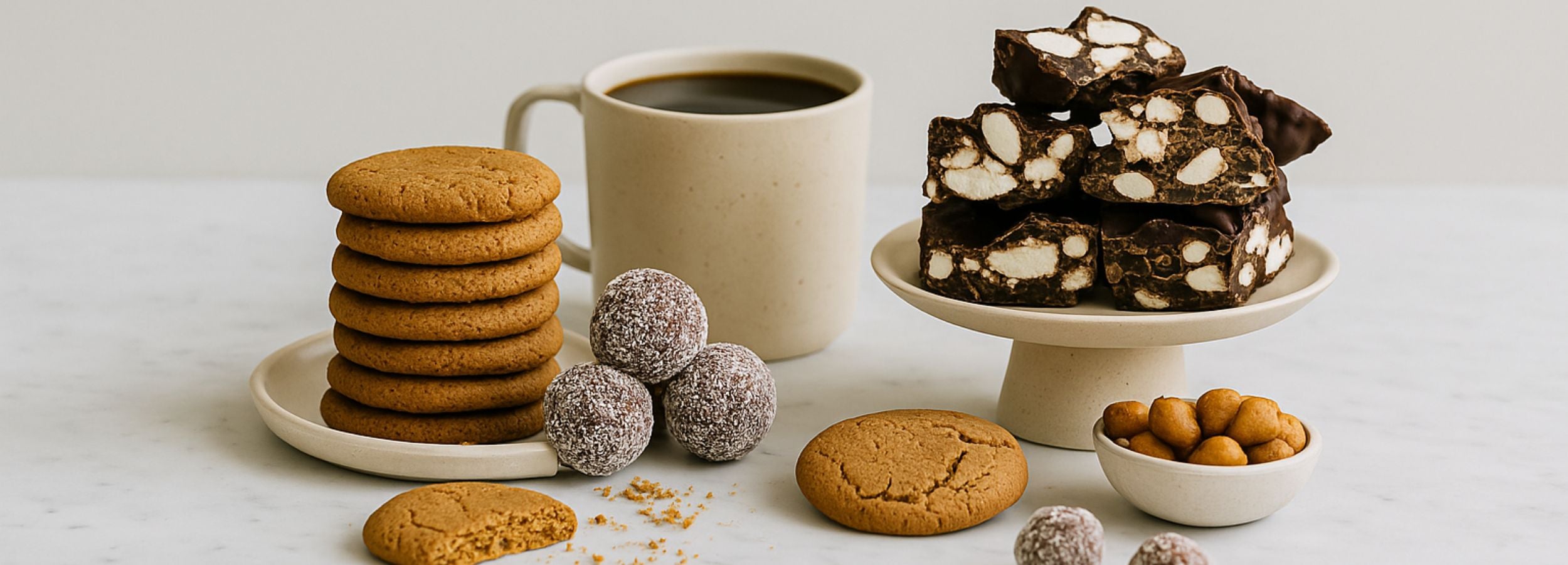 Assorted cookies, brownies from the Little Luxuries range witha cup of  coffee on a white surface