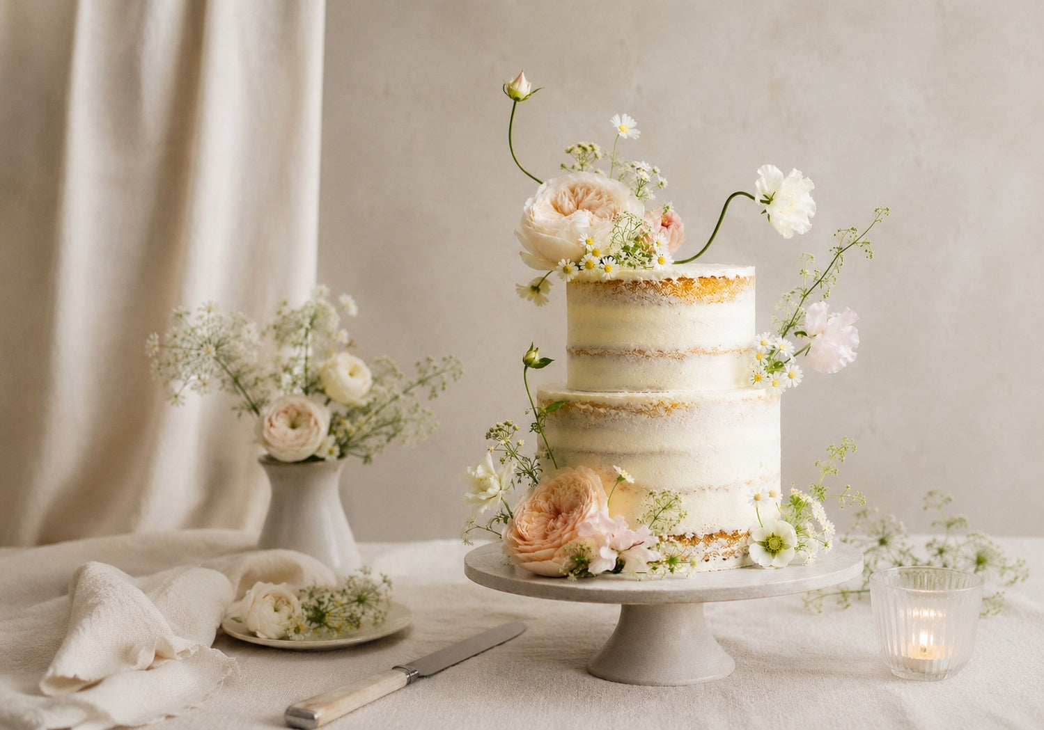 Orange almond bloom wedding cake with ivory semi-naked frosting, soft blush flowers and fresh floral detail on a calm linen wedding table.