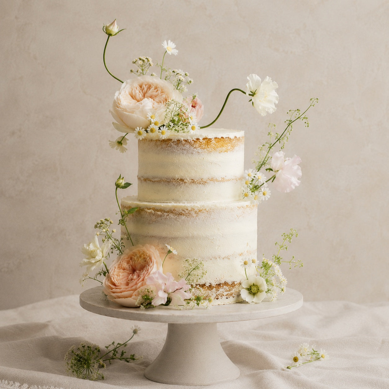 Gluten-friendly orange almond wedding cake with soft rustic frosting and delicate cream, blush and pale green garden flowers, styled for a custom Dello Mano wedding cake in Brisbane.
