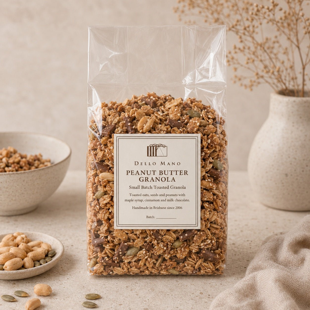 Dello Mano Peanut Butter Granola in a clear bag, handmade in Brisbane.