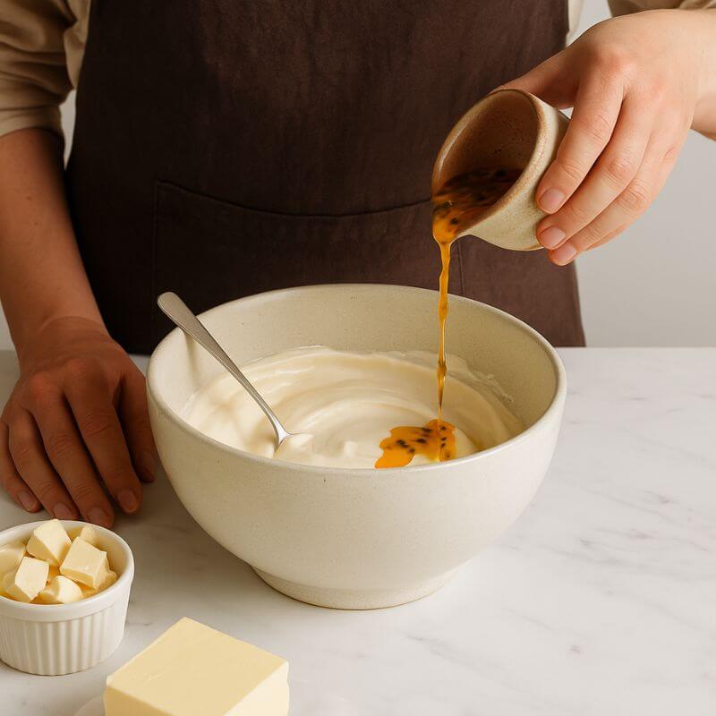 Person pouring syrup into a bowl of white ganache with butter and a spoon on a white marble surface.