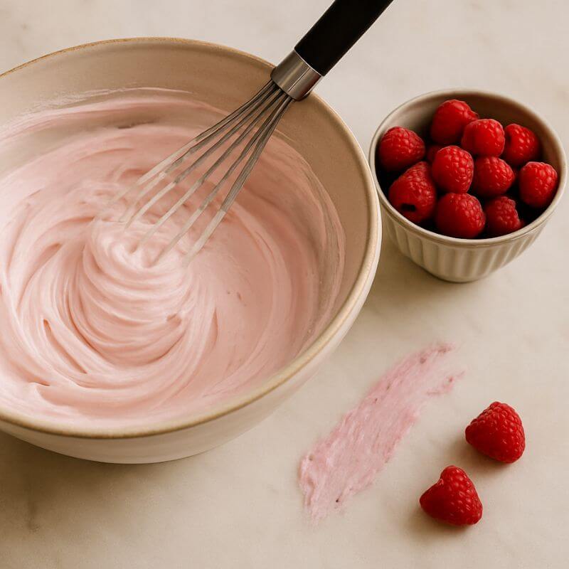 Pink whipped buttercream in a bowl with a whisk, surrounded by raspberries on a light surface.