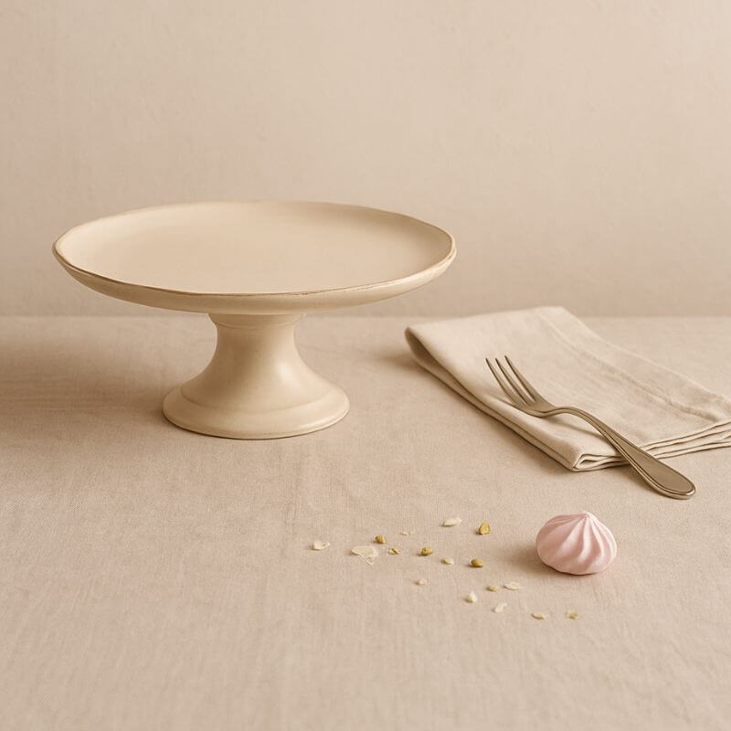 Beige cake stand on a beige surface with a pink meringue and a fork.