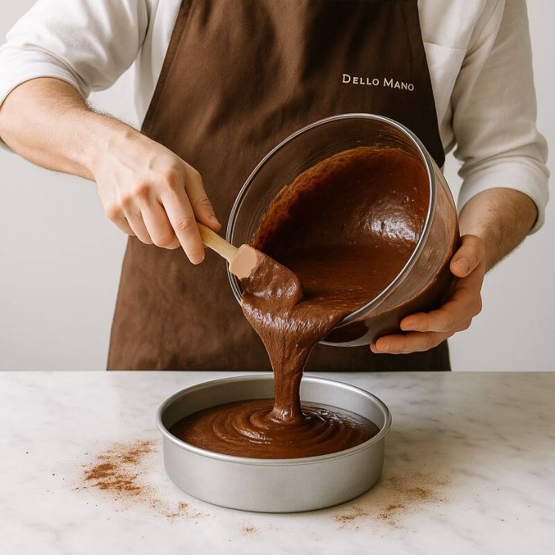 Person in a brown Dello Mano apron pouring chocolate batter into a cake pan that is sitting on a marble bench.