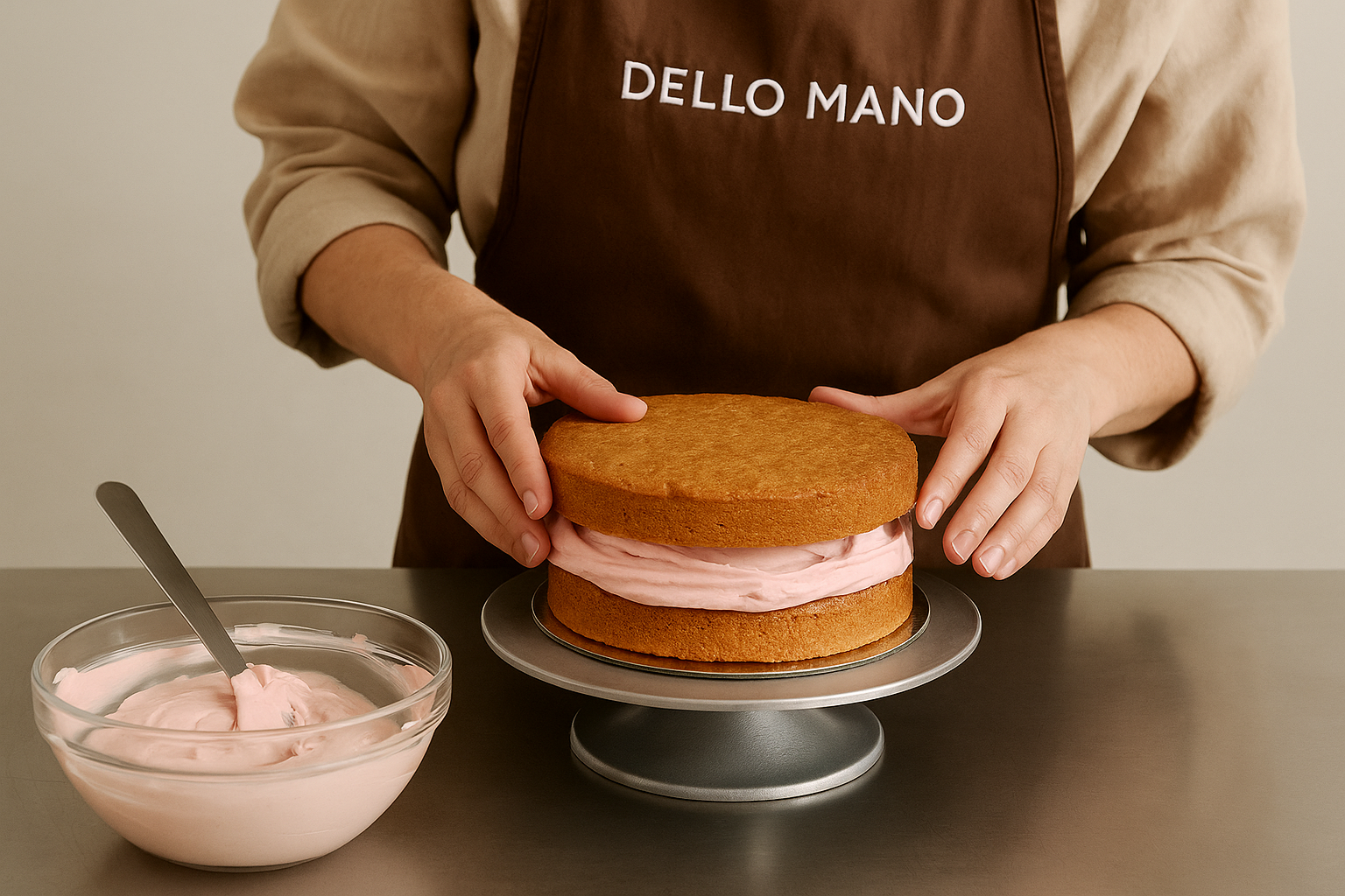 Person wearing a 'Dello Mano' apron preparing a layered cake with pink filling on a gray surface.