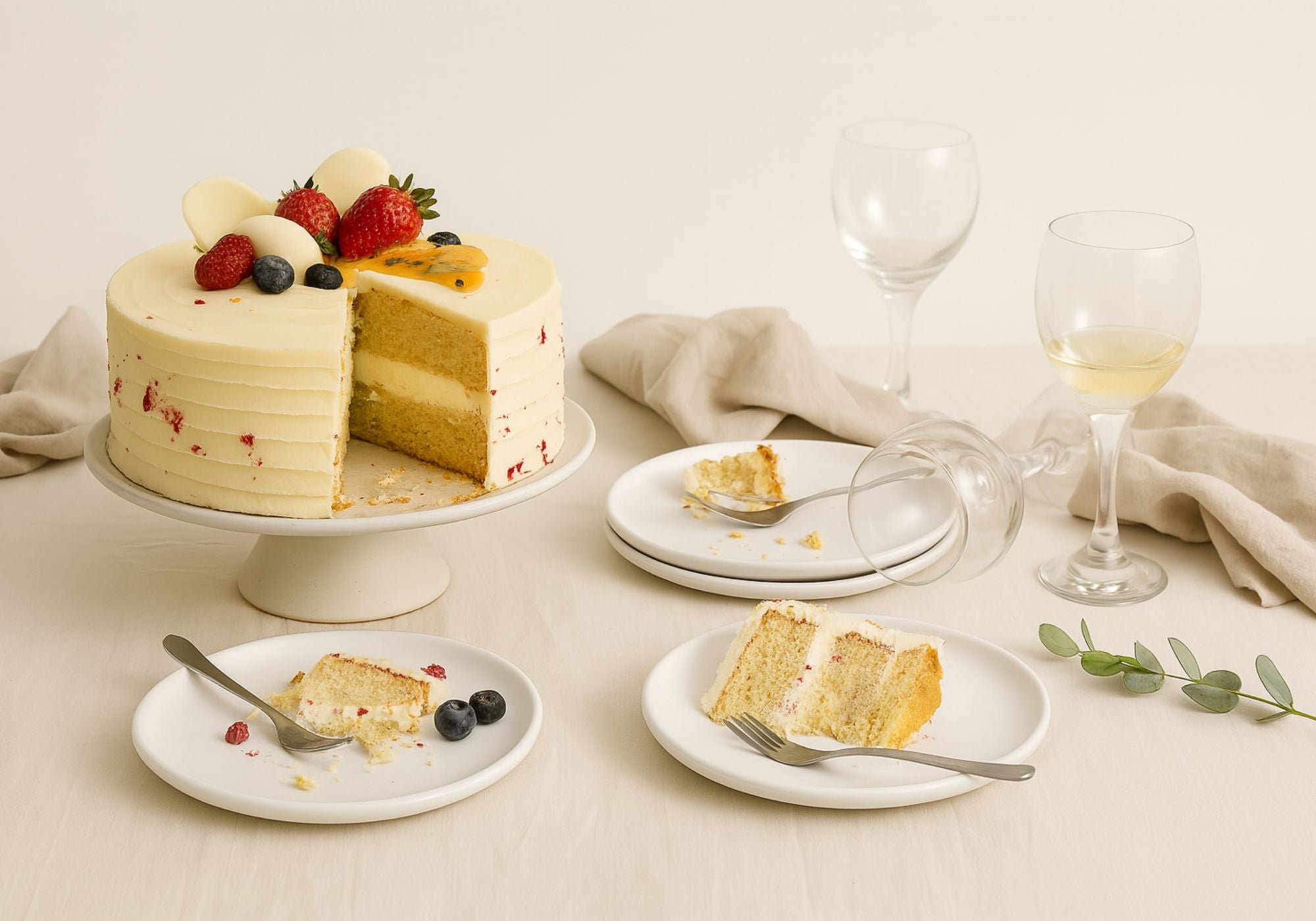 A partially sliced 24cm Raspberry & Passionfruit Torte Cake rests on a ceramic cake stand, surrounded by handmade plates with half-eaten slices, soft linen napkins, and gently tipped wine glasses .