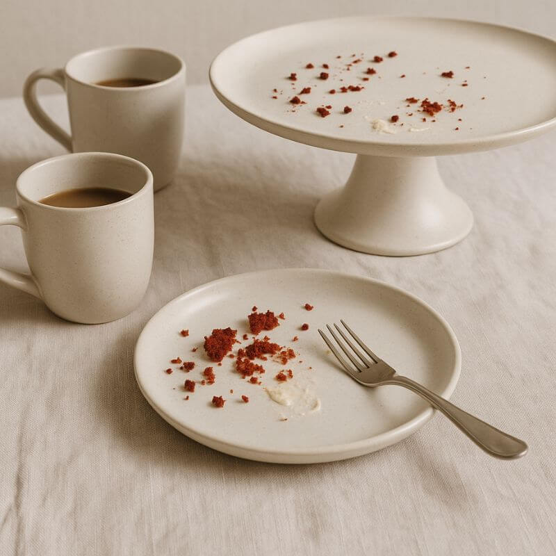 Two white mugs with coffee and a small plate with remnants of red velvet cake and a fork on a light surface.