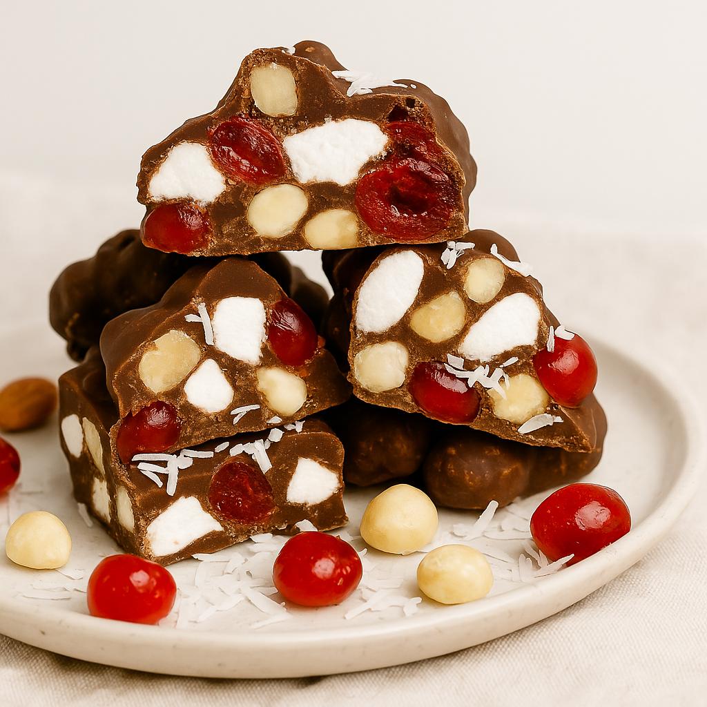 Dello Mano rocky road chocolate with marshmallow, cherries and macadamias stacked on a plate with natural background