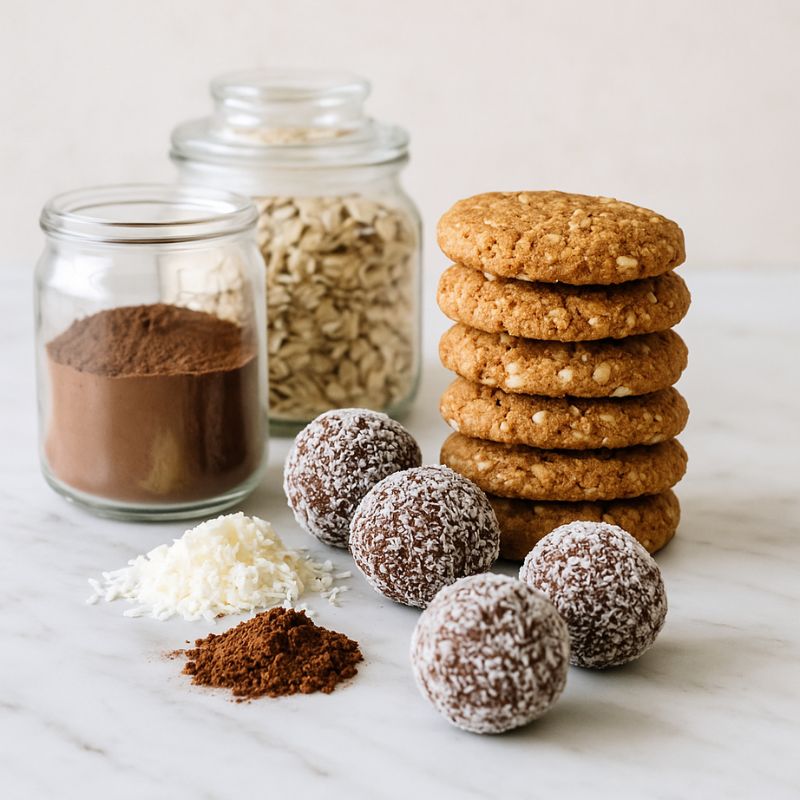 Some little luxuries of a stack of cookies, rumballs with jars of spices and coconut on a marble surface