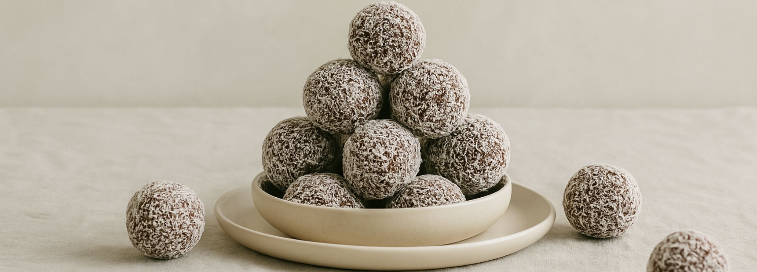 A stack of Rumballs on a cream bowl