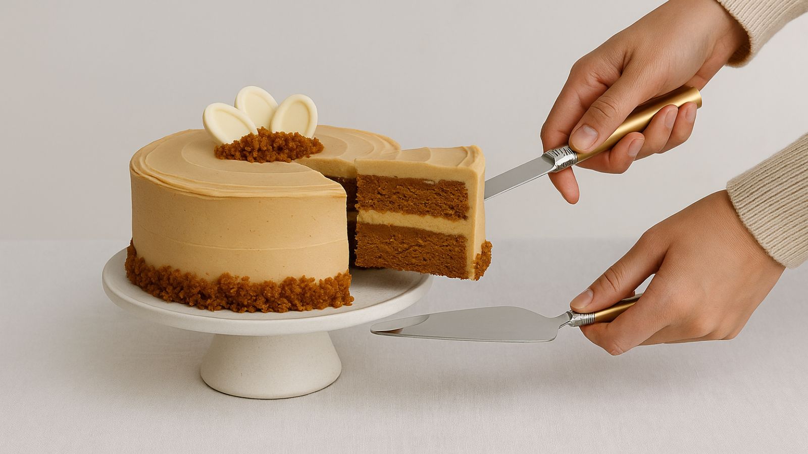 Hands cutting a slice of Dello Mano Salted Caramel Mudcake with a gold-handled cake knife and server, showing rich caramel layers and smooth buttercream frosting on a white cake stand.