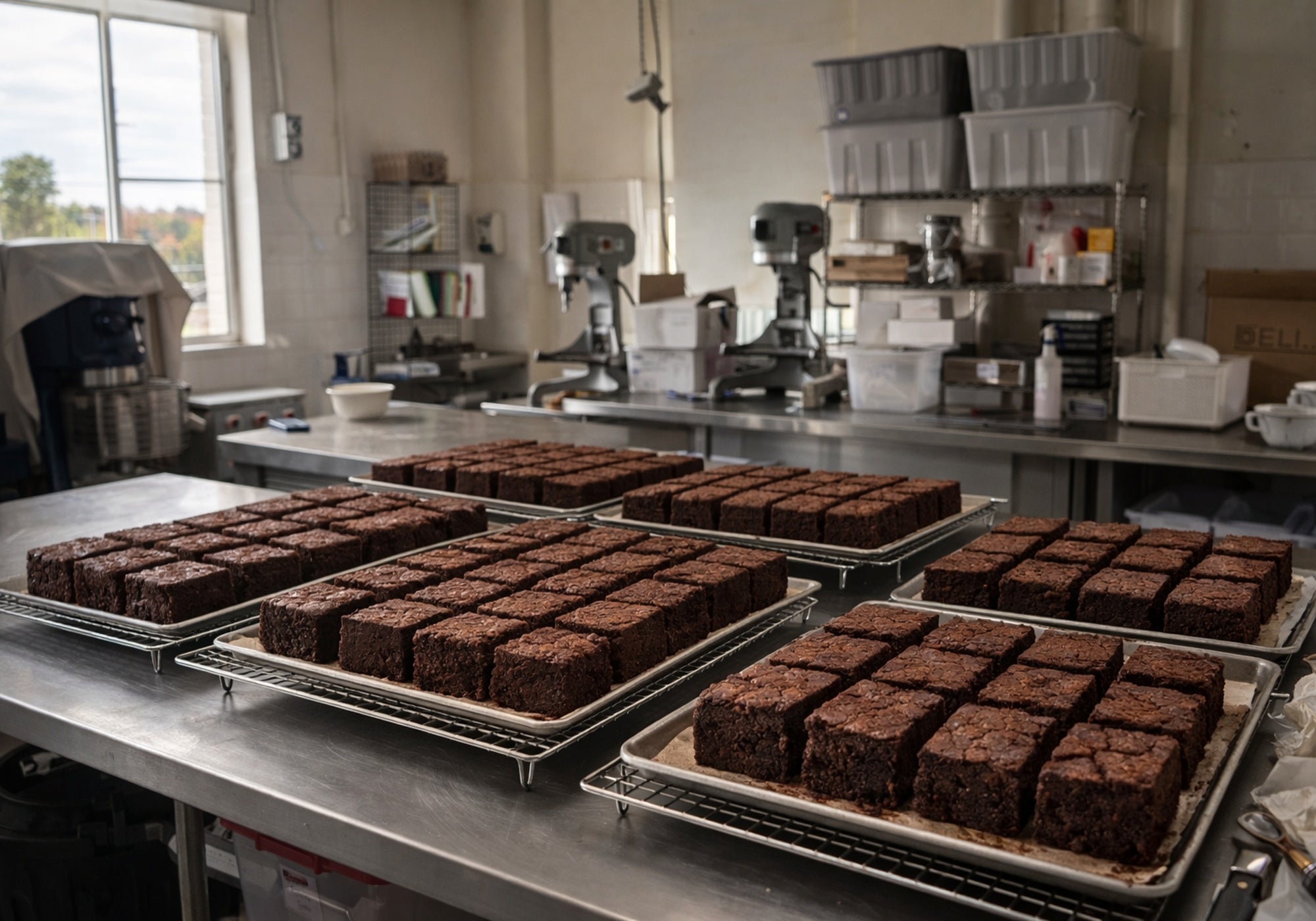 Handmade brownie production in kitchen showing trays of cube brownies prepared for delivery across Australia