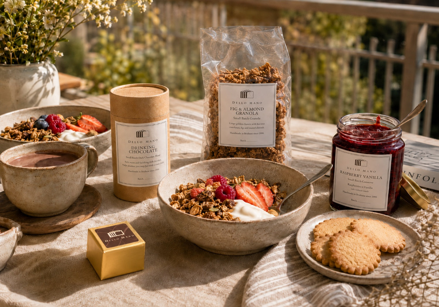 Sunlit slow-morning breakfast setting on a balcony with Dello Mano Fig & Almond Granola, Raspberry Vanilla Jam, drinking chocolate, granola bowls topped with sliced fruit, French-style galettes and a gold-wrapped brownie cube.