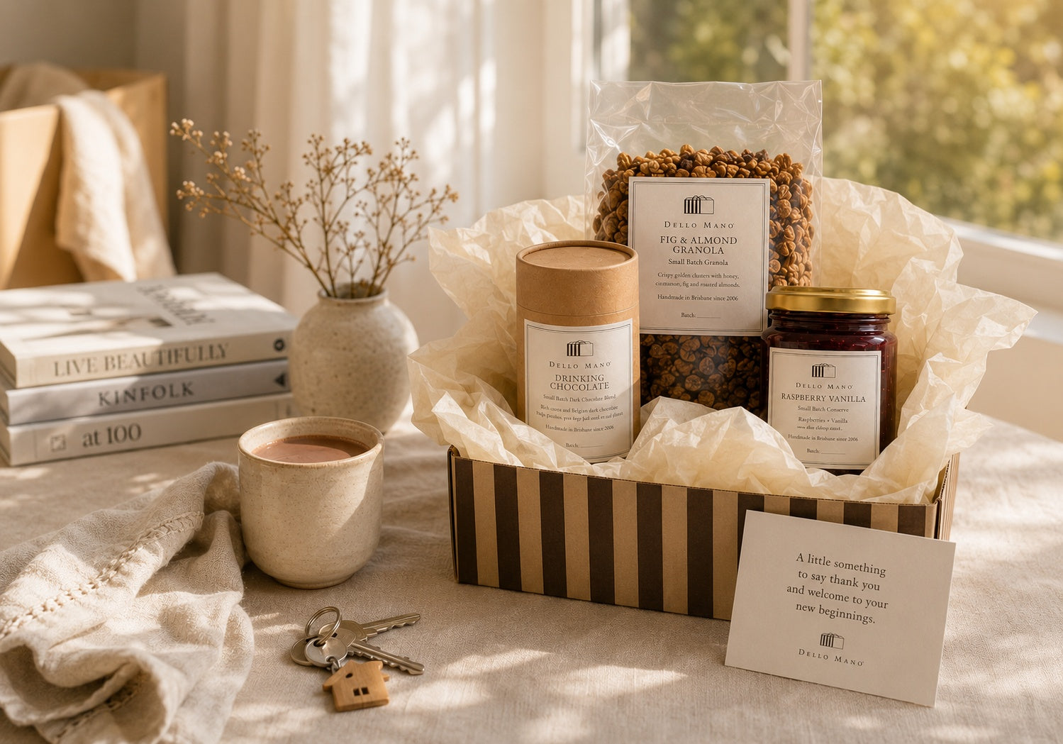 Dello Mano Slow Morning Hamper with Fig & Almond Granola, drinking chocolate and Raspberry Vanilla Jam arranged in a striped gift box beside a warm drink, house keys and a personal gift card in a sunlit new-home setting.