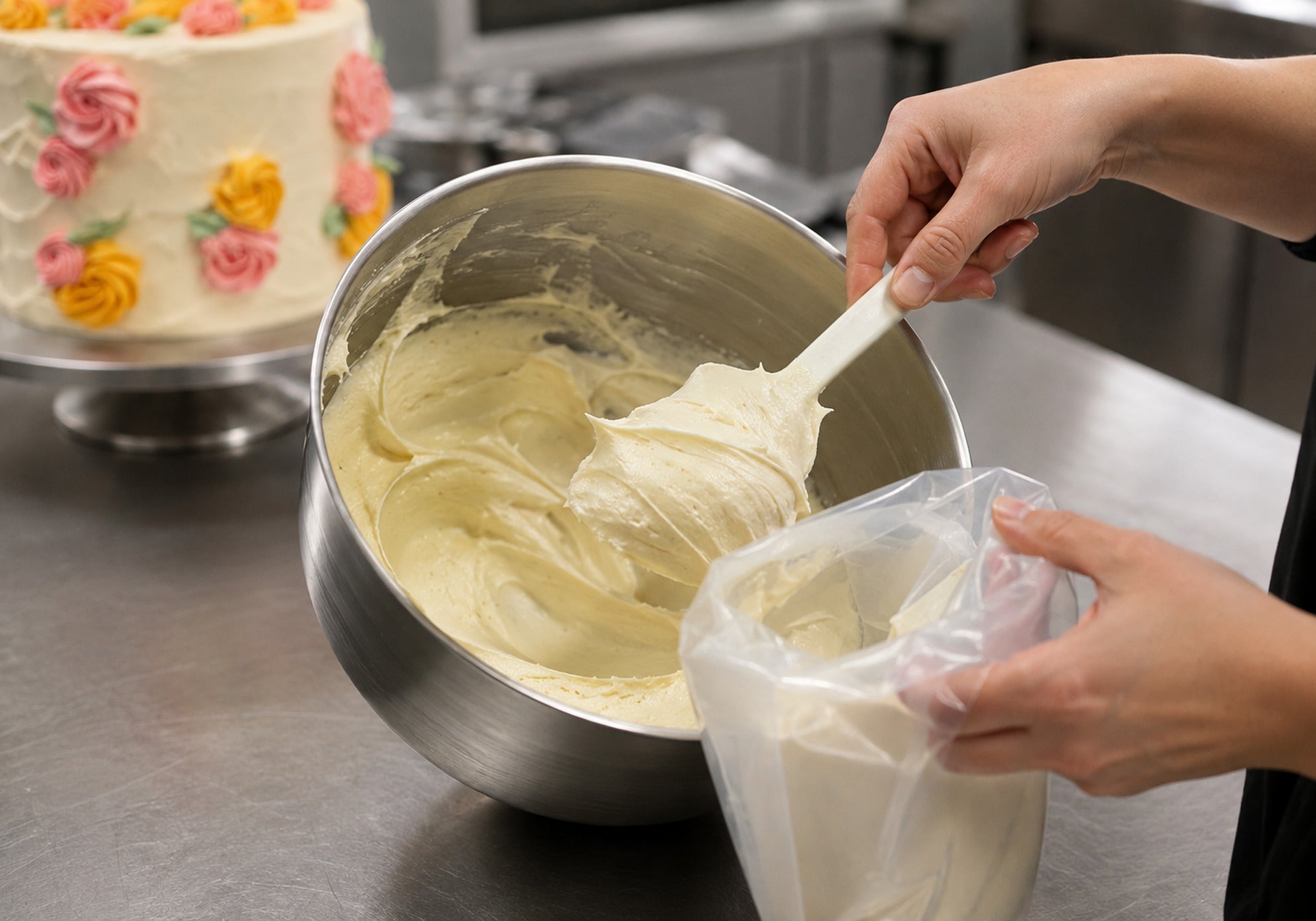 Smooth Italian buttercream used to frost and hand decorate the Spring Bloom Celebration Cake