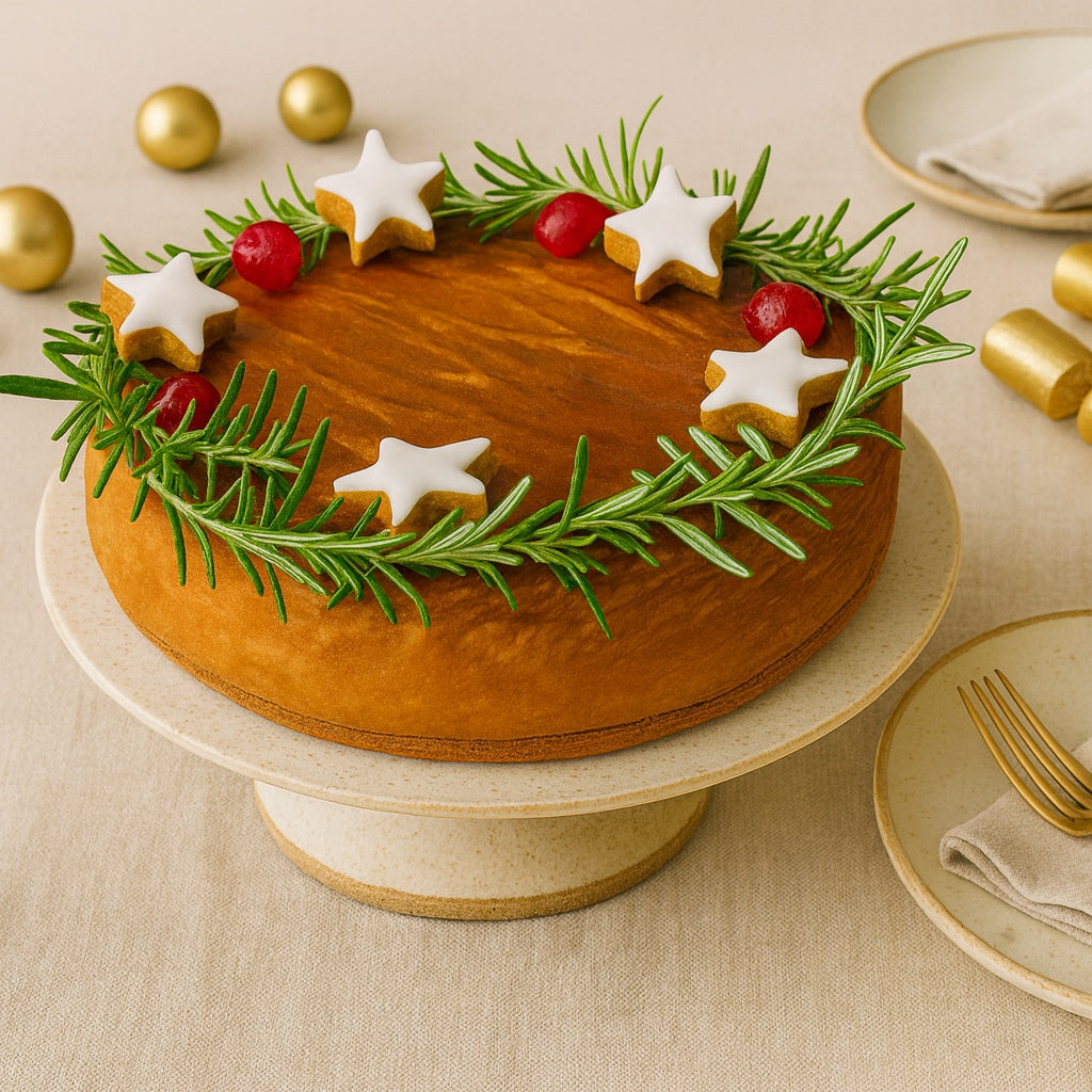 Handmade Starstruck Gingerbread Christmas Cheesecake decorated with gingerbread stars, rosemary and cherries on a cake stand.