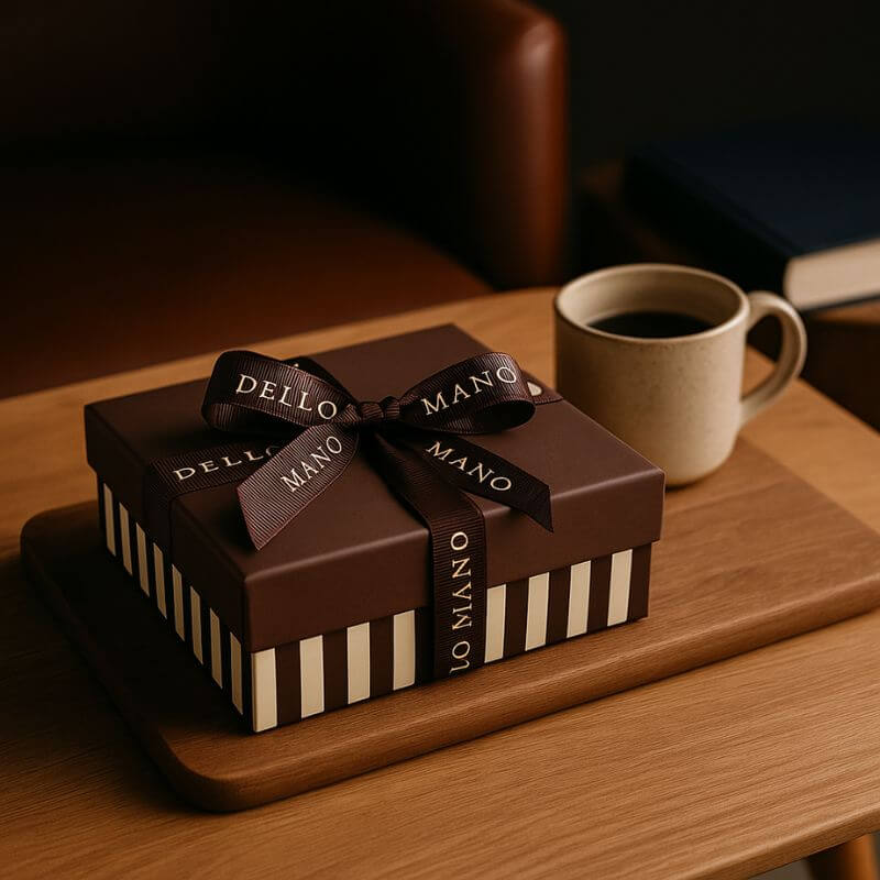Brownie striped gift box with a ribbon that says Dello Mano on a timber table next to a cup of coffee