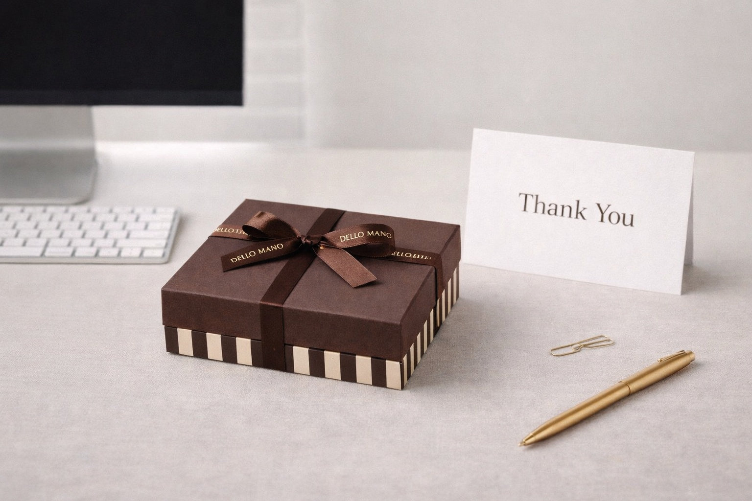 Brownie gift box with thank you card and pen styled on a clean modern desk, representing thoughtful thank you gifts for corporate and personal occasions in Australia