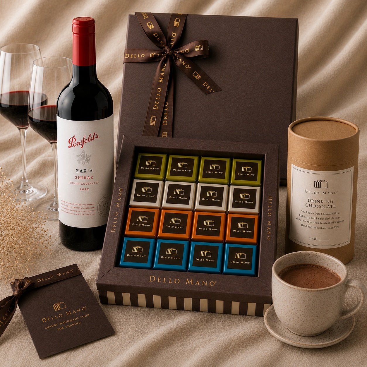 Chocolate hamper featuring Dello Mano brownies, drinking chocolate and red wine, arranged in premium gift packaging for a rich handmade chocolate gift.