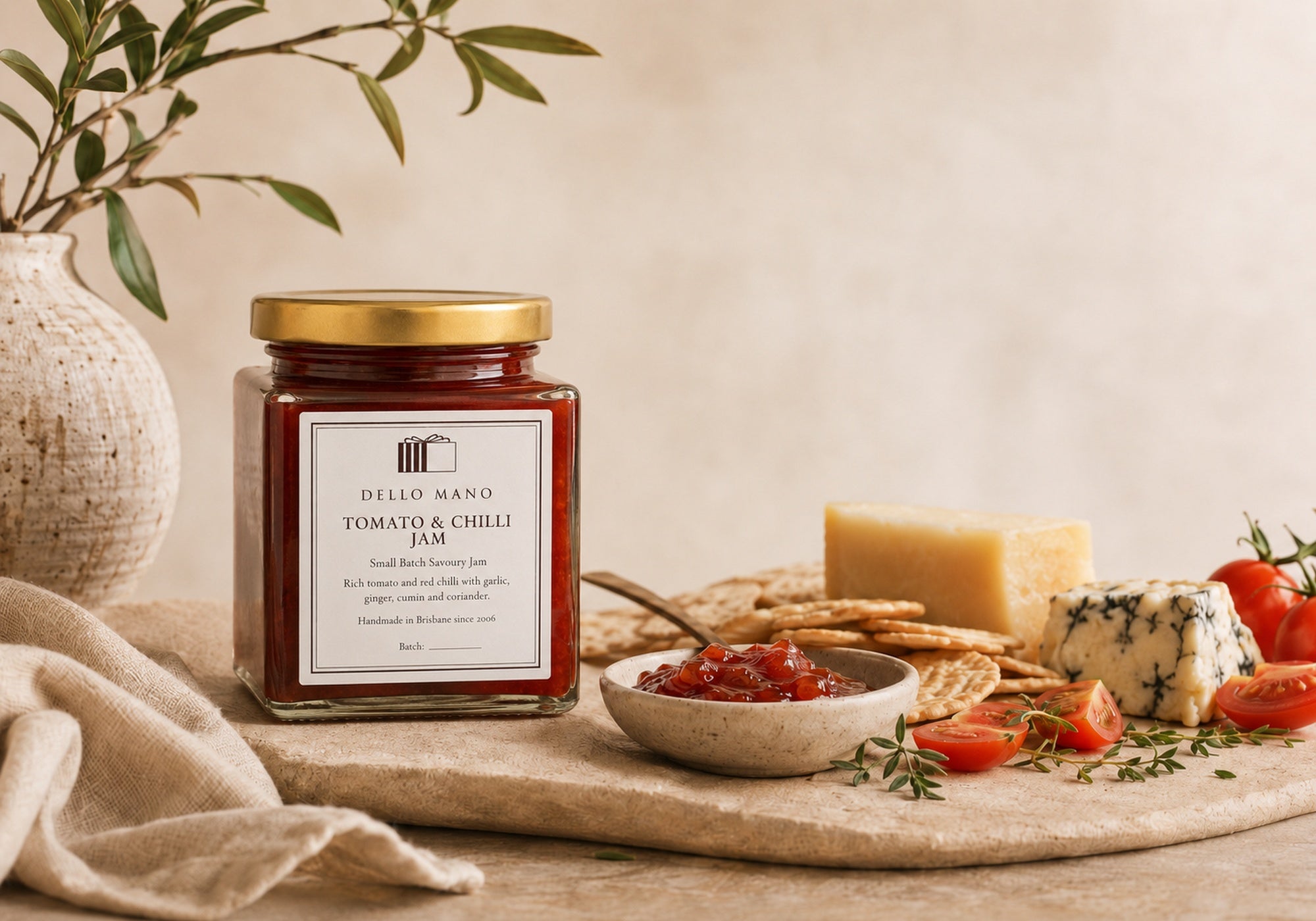 Dello Mano Tomato & Chilli Jam in a square glass jar with gold lid, styled with cheese, crackers, tomatoes and herbs on a warm neutral grazing board.