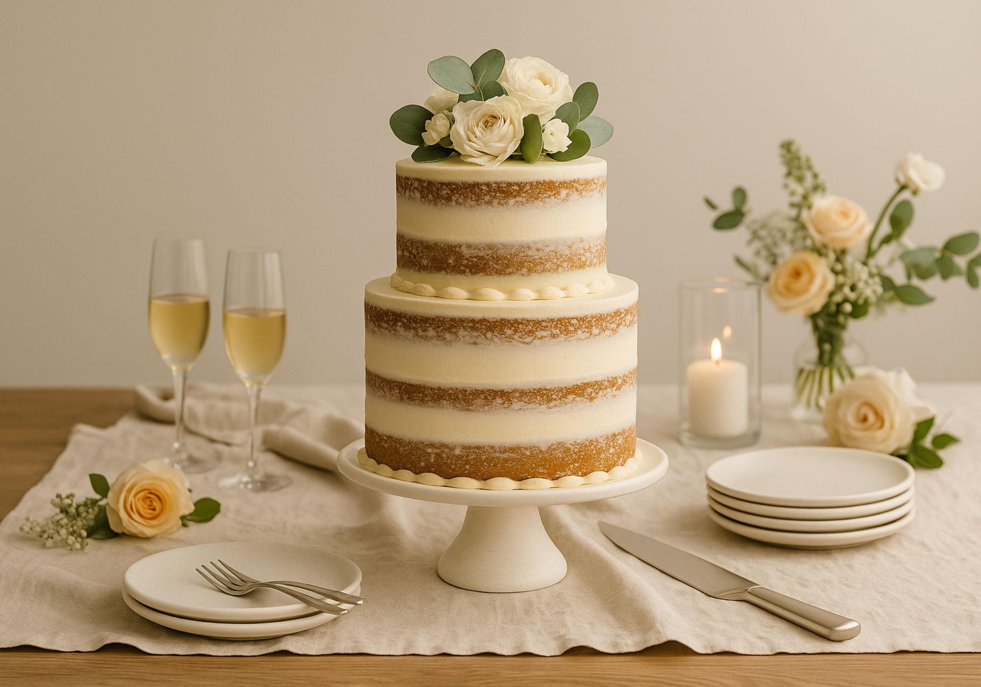A three tiered wedding cake of vanilla mudcake and buttercream on a celebratory table.
