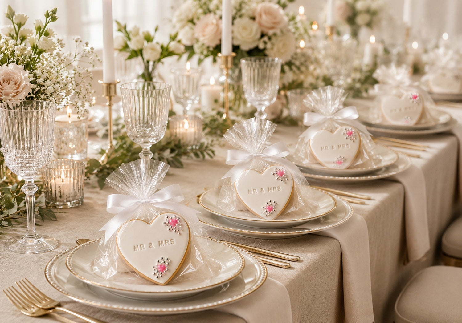 Wrapped Mr and Mrs heart cookie wedding favours placed on elegant wedding table settings with linen, glassware, candles and soft floral styling.