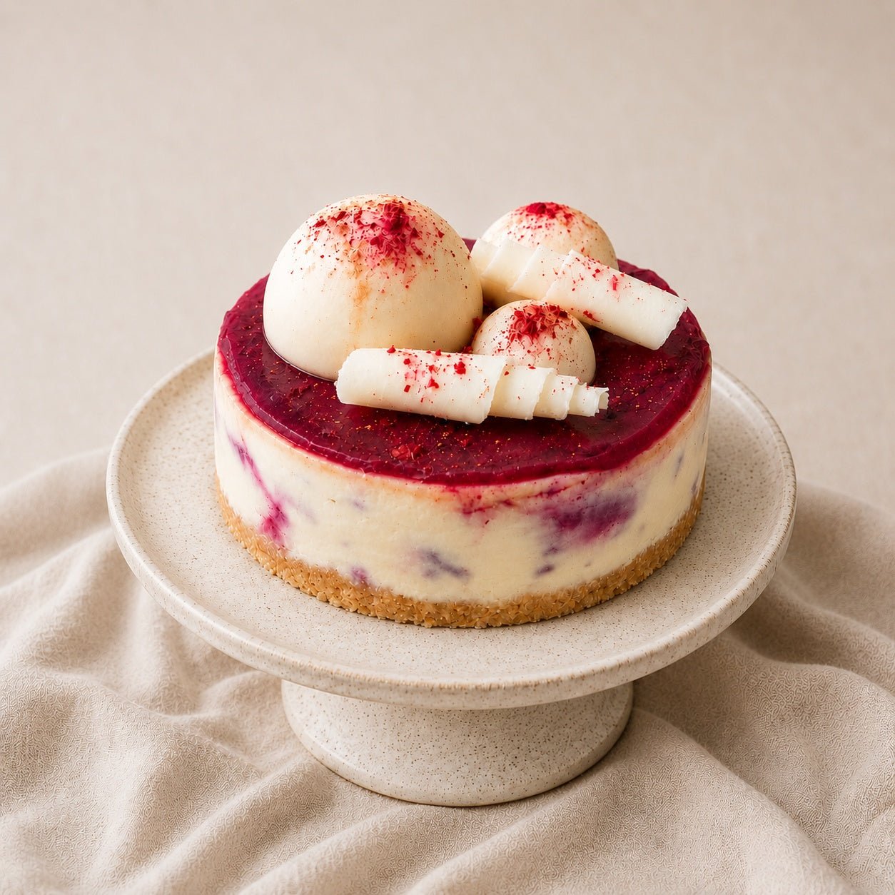 White Chocolate Raspberry Cheesecake with Belgian Chocolate Sculptures | Handmade Luxury Treats by Dello Mano