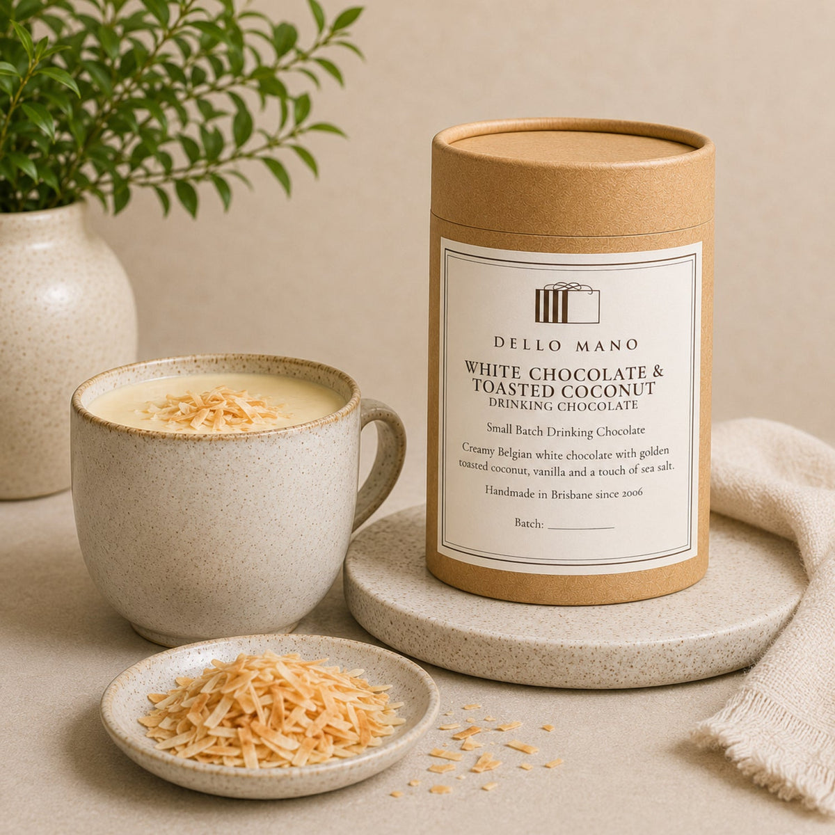 White Chocolate & Toasted Coconut Drinking Chocolate | Handmade Luxury Treats by Dello Mano