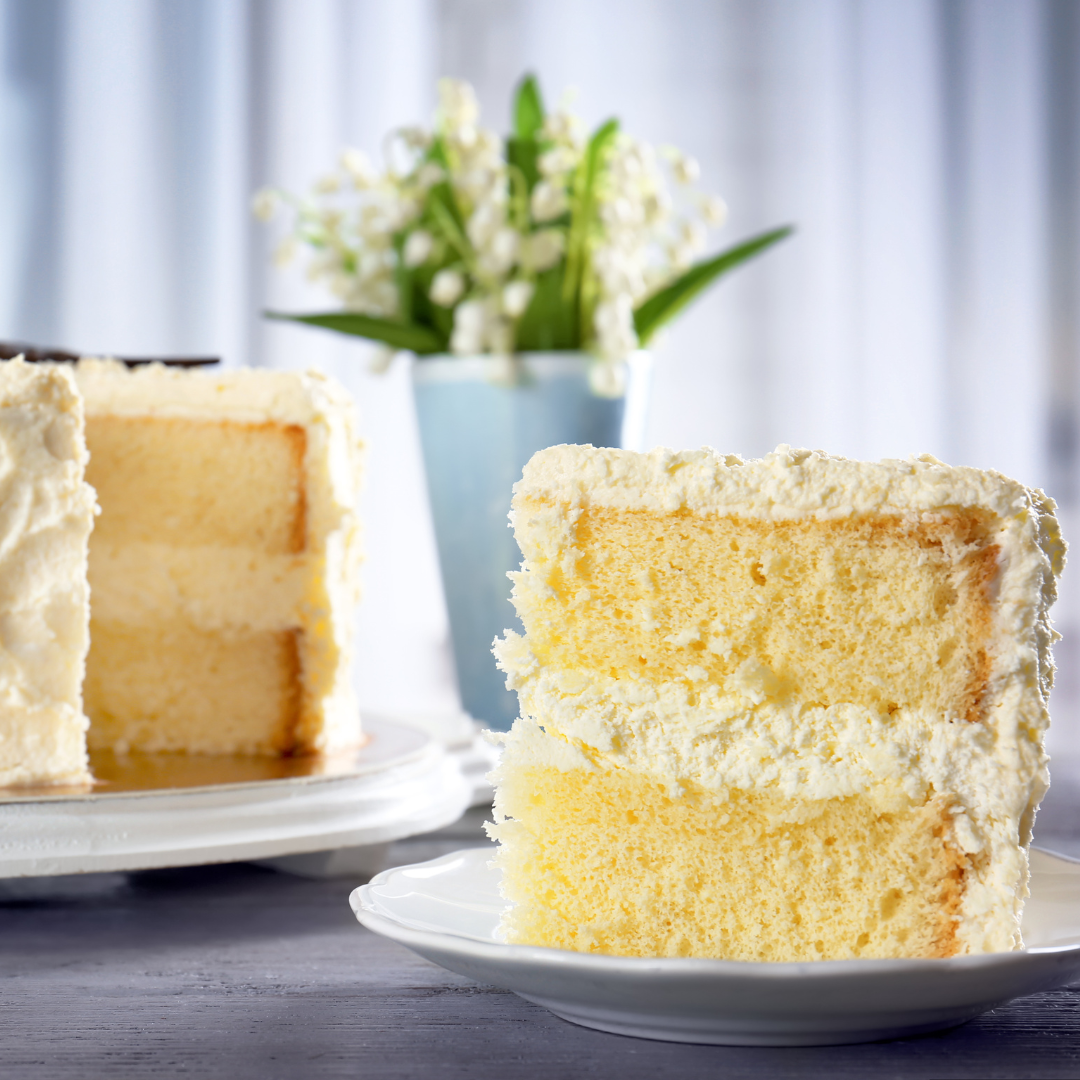 A slice of cake showing the texture resulting from the creaming of butter and sugar