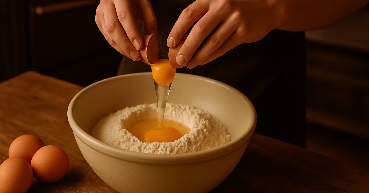Hands cracking a fresh egg into a bowl of flour on a wooden bench, highlighting the handmade small batch baking process at Dello Mano.