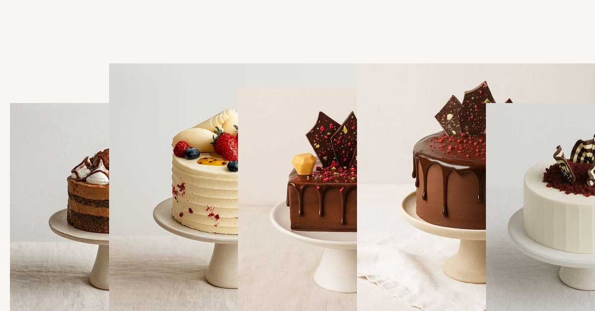 Best-selling handmade cakes from Dello Mano displayed on a dessert table, including chocolate mudcake, raspberry and passionfruit torte, brownie jewel box cake, divine chocolate mousse cake, and red velvet cake, photographed on a soft off-white background
