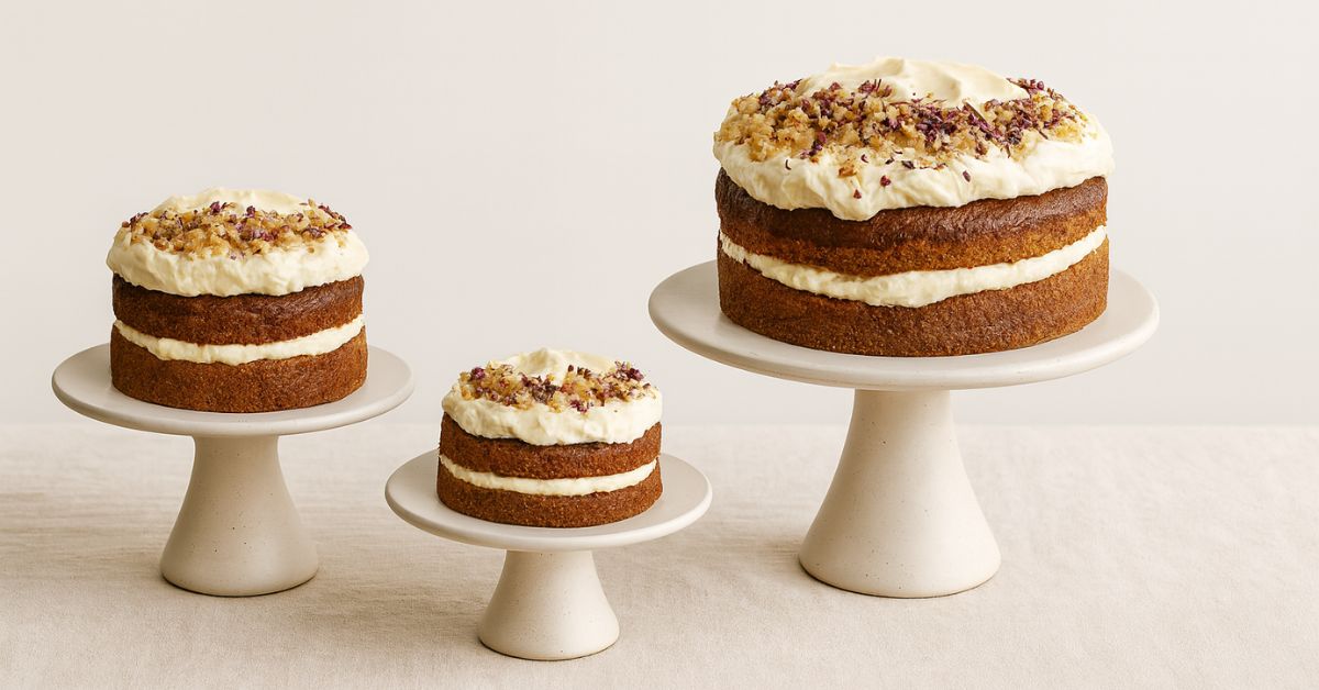 Assorted handmade cakes by Dello Mano on white stands – showcasing Brisbane’s best handmade cakes at Dello Mano cake shop.