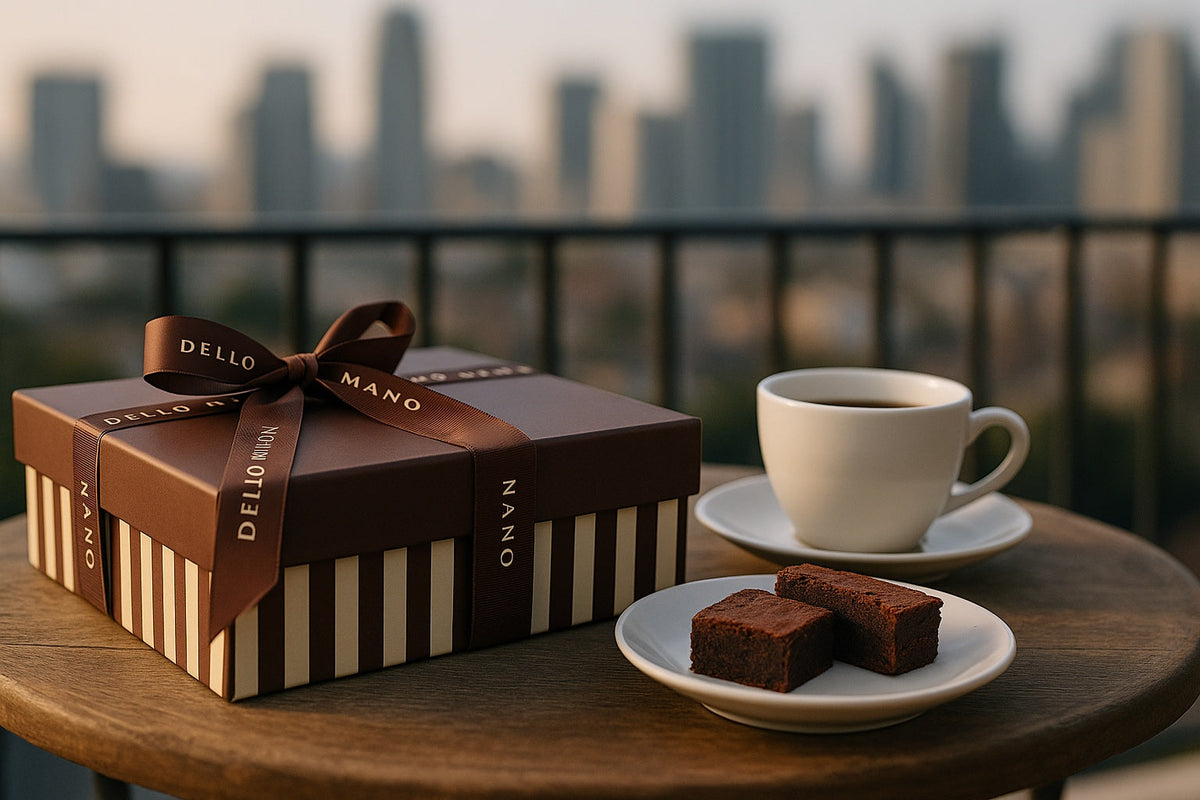 Dello Mano handmade brownie gift box with grosgrain ribbon on a Sydney balcony café table beside a cup of coffee, symbolising calm-luxury gifting and brownie delivery Australia-wide