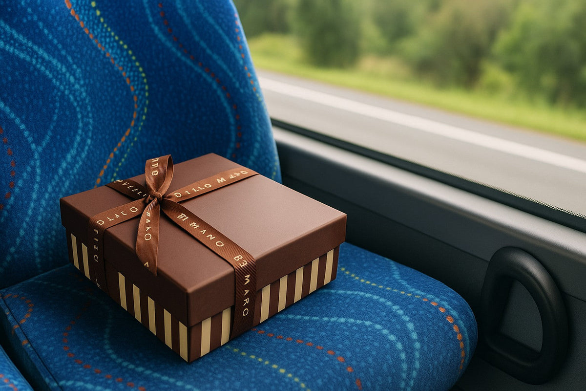 Luxury Dello Mano brownie gift box with ribbon on a bus seat, symbolising Brownie Delivery Sunshine Coast handmade gifts delivered with care.