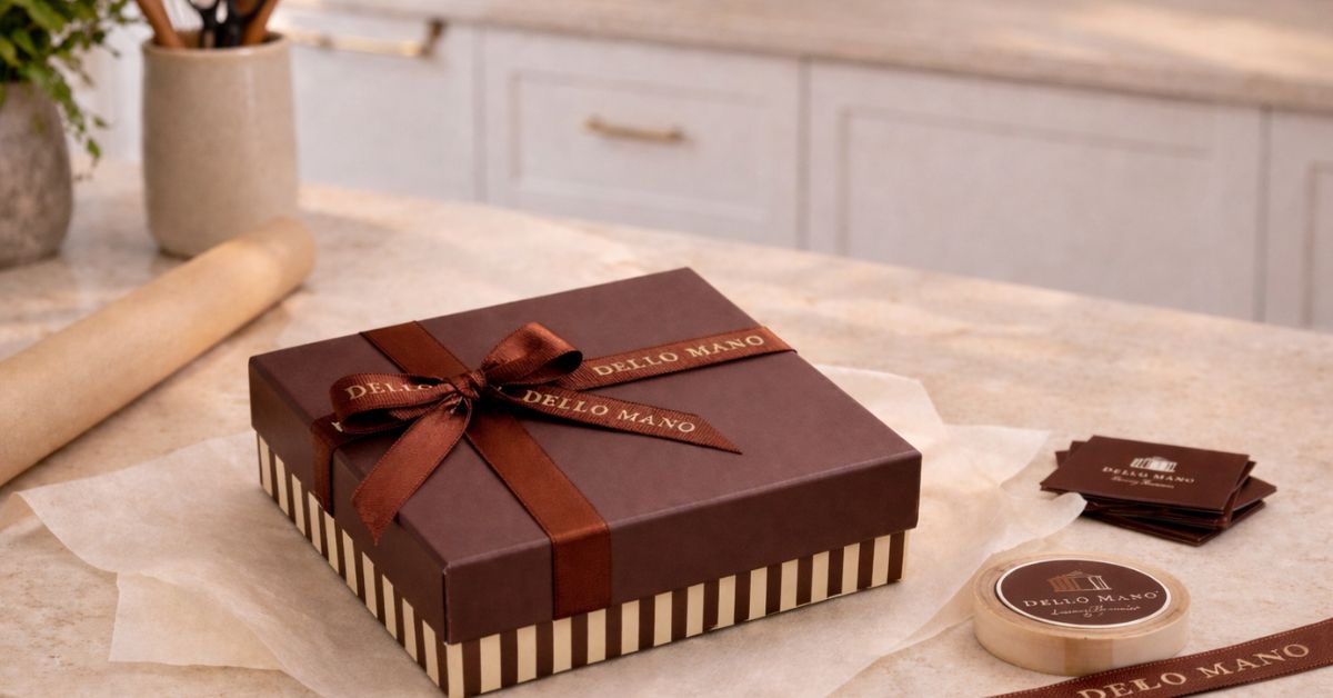 Luxury brownie gift box wrapped and prepared for delivery, showing structured brownie pacakging designed to travel well