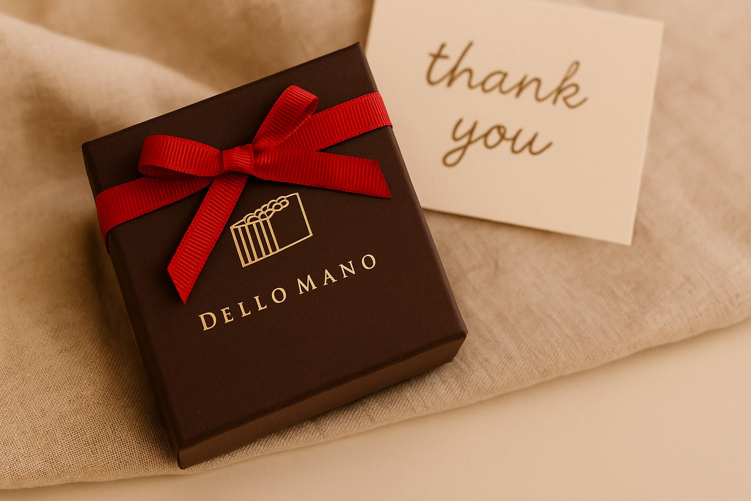 Small Dello Mano brownie gift box wrapped with a red  ribbon and placed on soft linen beside a handwritten “thank you” note, symbolising handmade luxury and thoughtful brownie gifts.