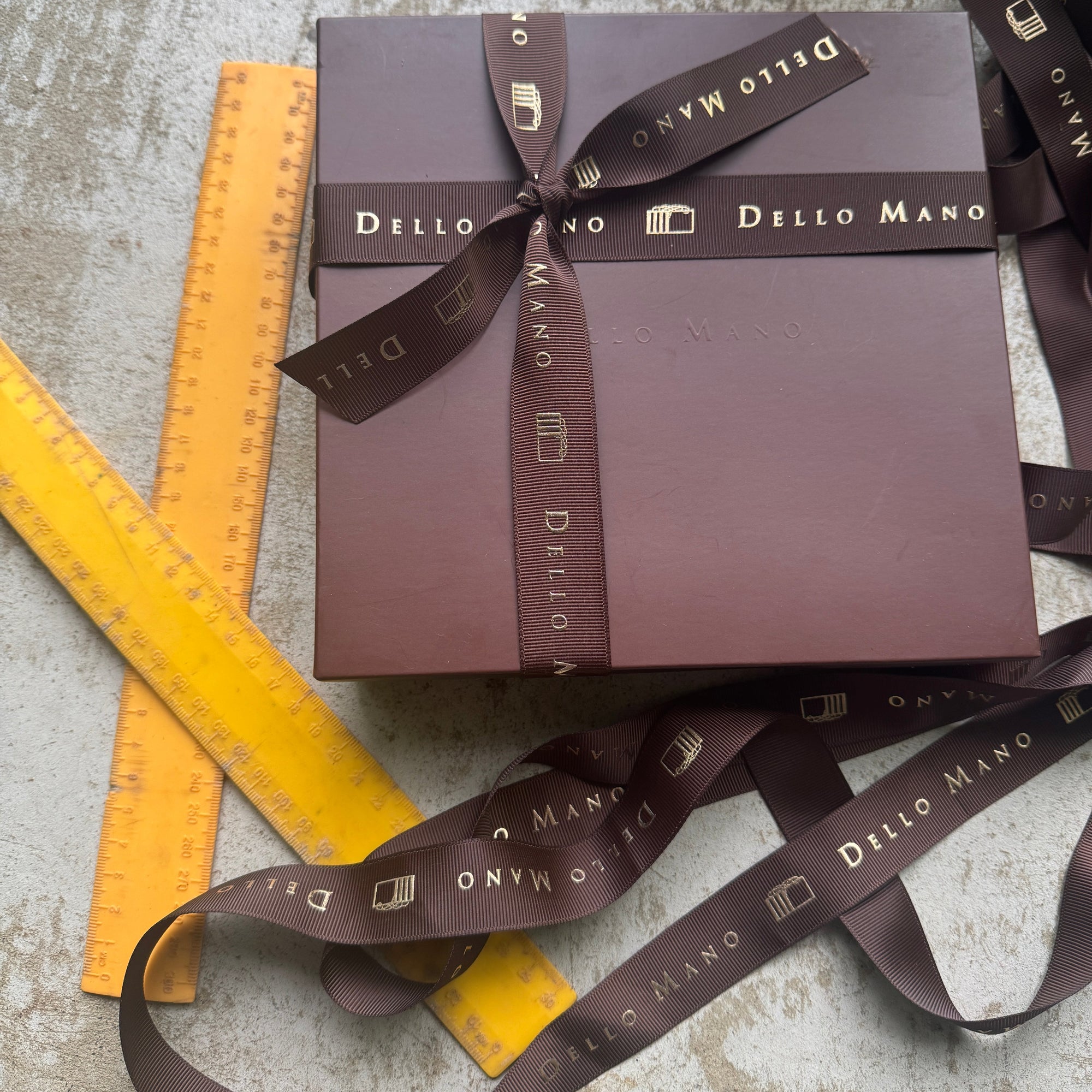Dello Mano Gift Box with school rulers used to develop the packaging back in 2005