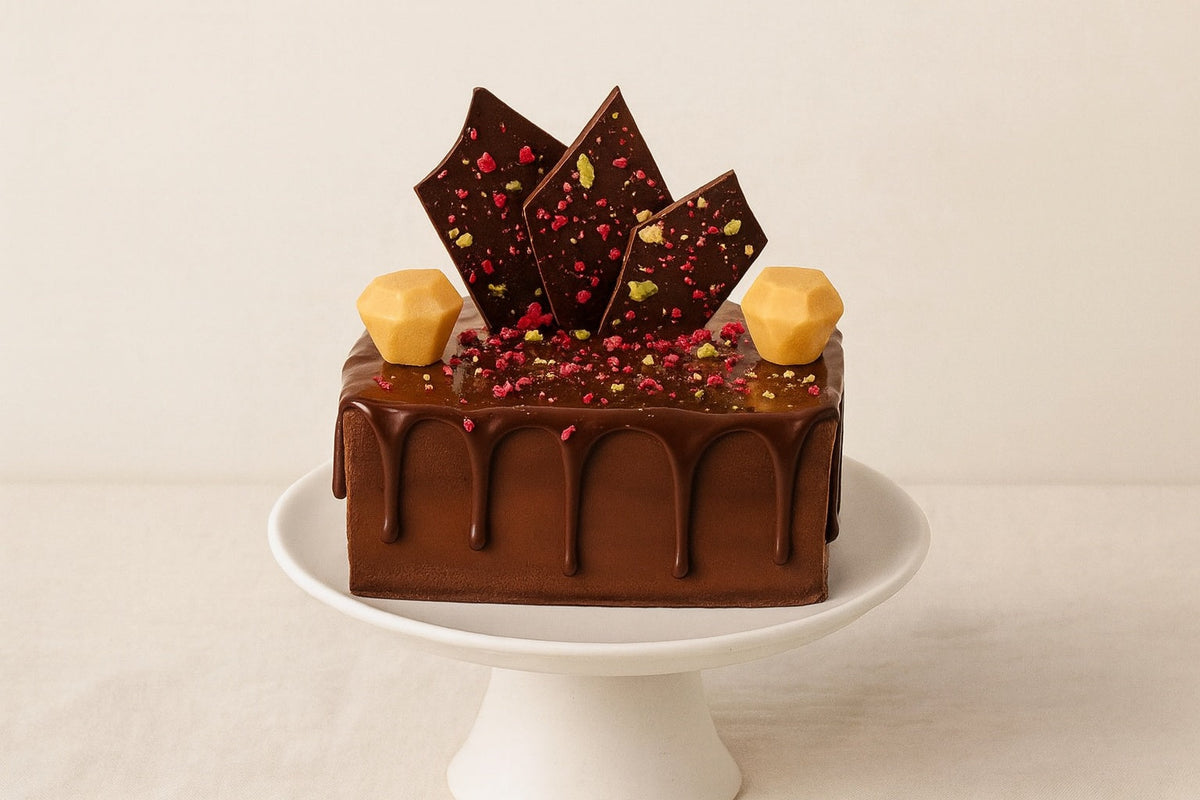 Dello Mano Brownie Jewel Box Cake on a handmade stand, topped with glossy Belgian chocolate ganache and chocolate decorations, photographed on a soft linen background — a signature handmade cake crafted in Brisbane.
