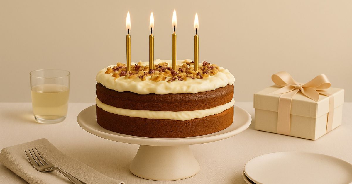 Carrot Cake Birthday Cake topped with lit gold candles, layered with cream cheese frosting and walnuts, styled on a minimalist cake stand for a warm Brisbane celebration.