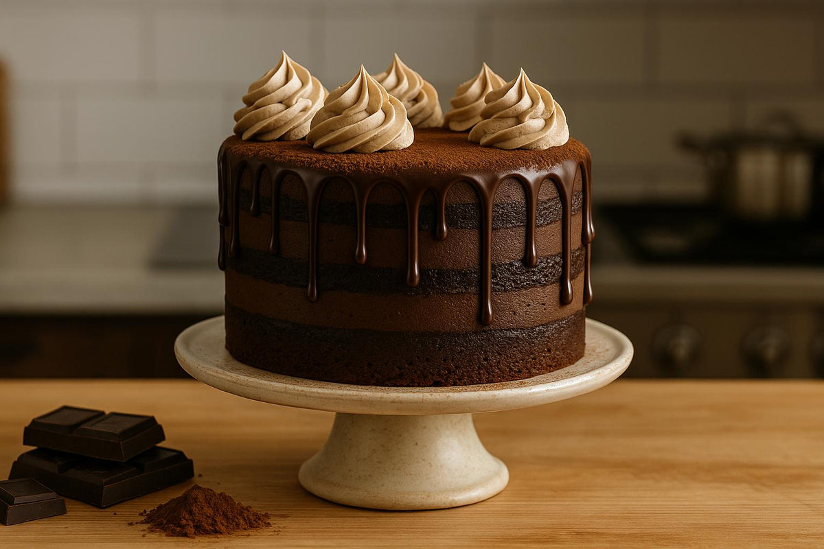 Handmade chocolate mudcake with glossy ganache drip and piped cream swirls, displayed on a ceramic cake stand in a warm kitchen setting with chocolate pieces and cocoa powder