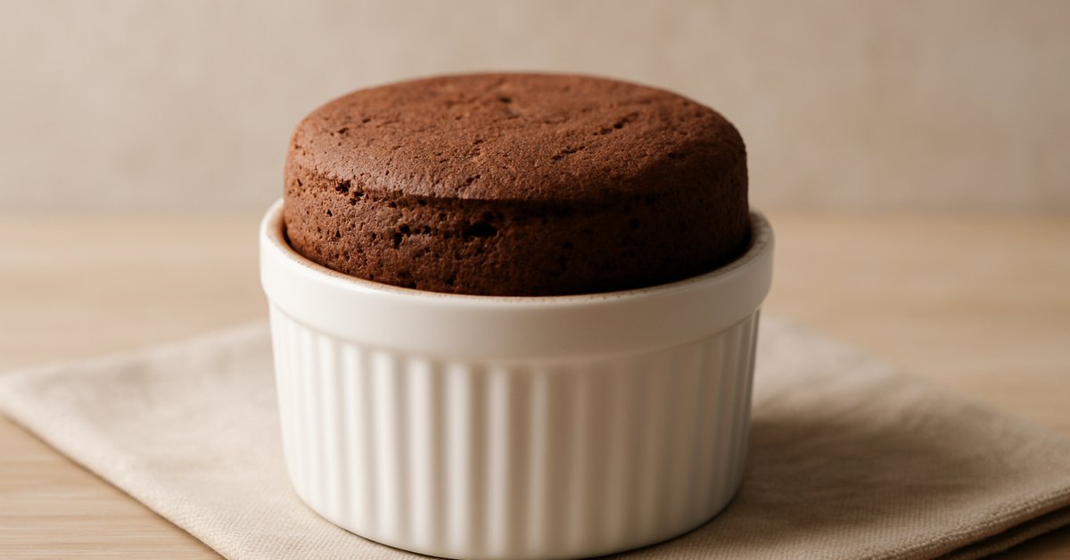 Calm aesthetic chocolate soufflé in a white ramekin on linen cloth, freshly baked with a domed top, styled for artisan food blog feature image.
