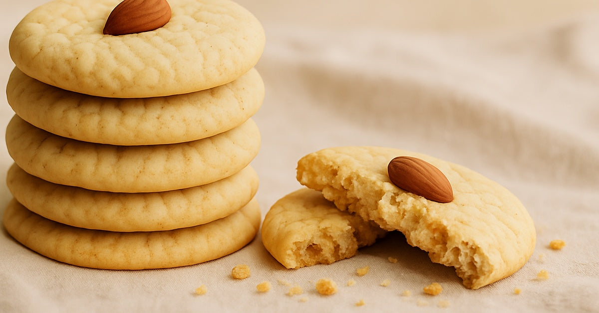 A corporate gift of handmade almond-topped cookies stacked on linen with a broken cookie beside them.