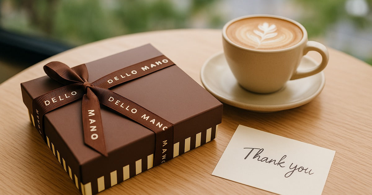 Ribboned Dello Mano brownie gift box with flat white and “Thank you” card on a Brisbane café table — handmade, best brownie delivery Brisbane.