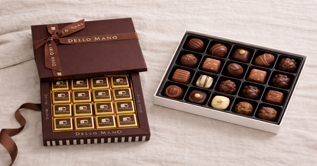 Dello Mano brownie gift box with gold foil cubes beside a traditional boxed chocolate assortment on linen background