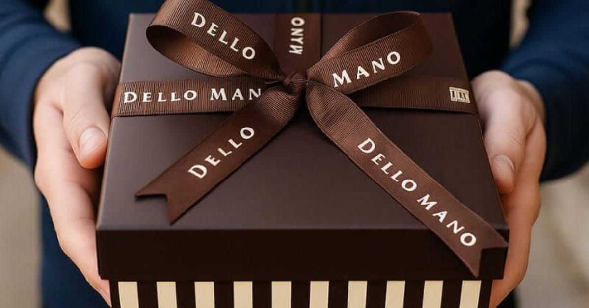 Handmade chocolate gift box by Dello Mano being held, showing premium brownie gift packaging for thoughtful gifting in Australia