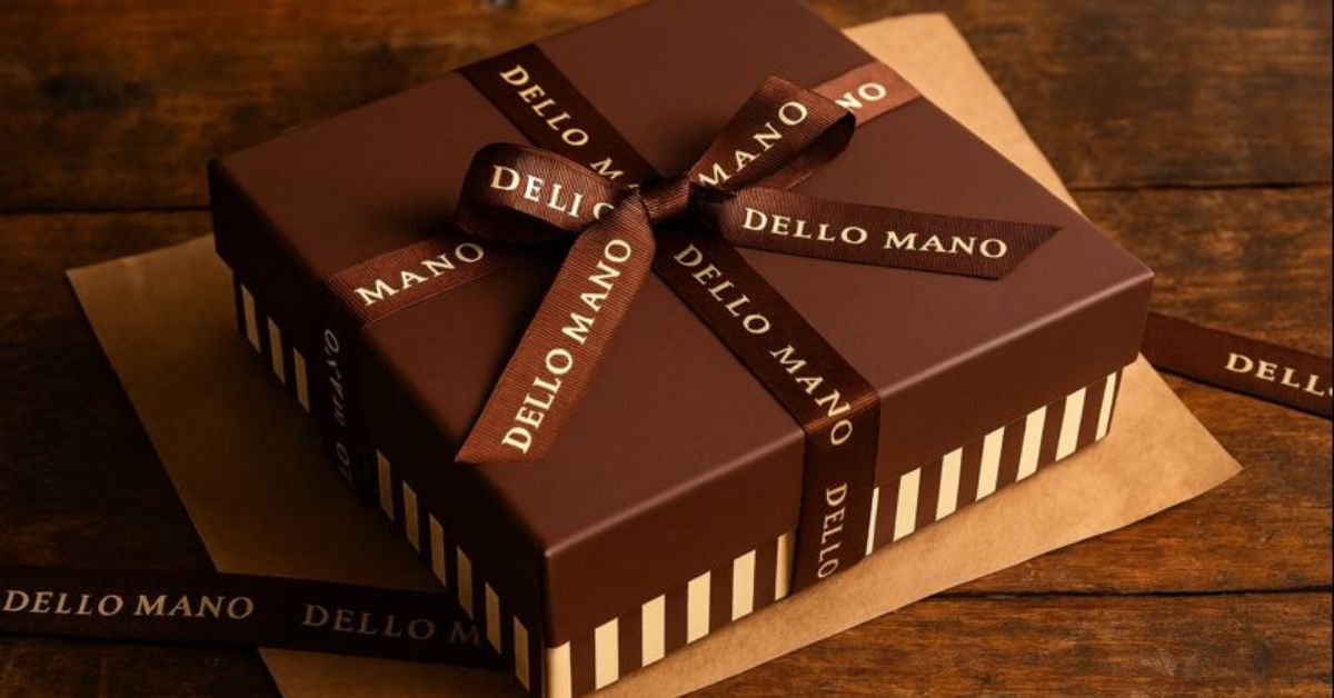Closed Dello Mano chocolate gift box tied with ribbon, prepared for sending chocolate gifts Australia-wide