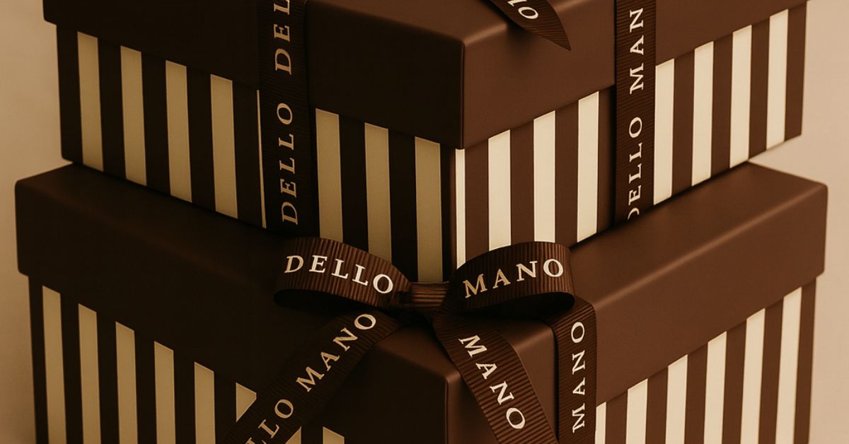 Dello Mano chocolate gift boxes stacked on top of each other